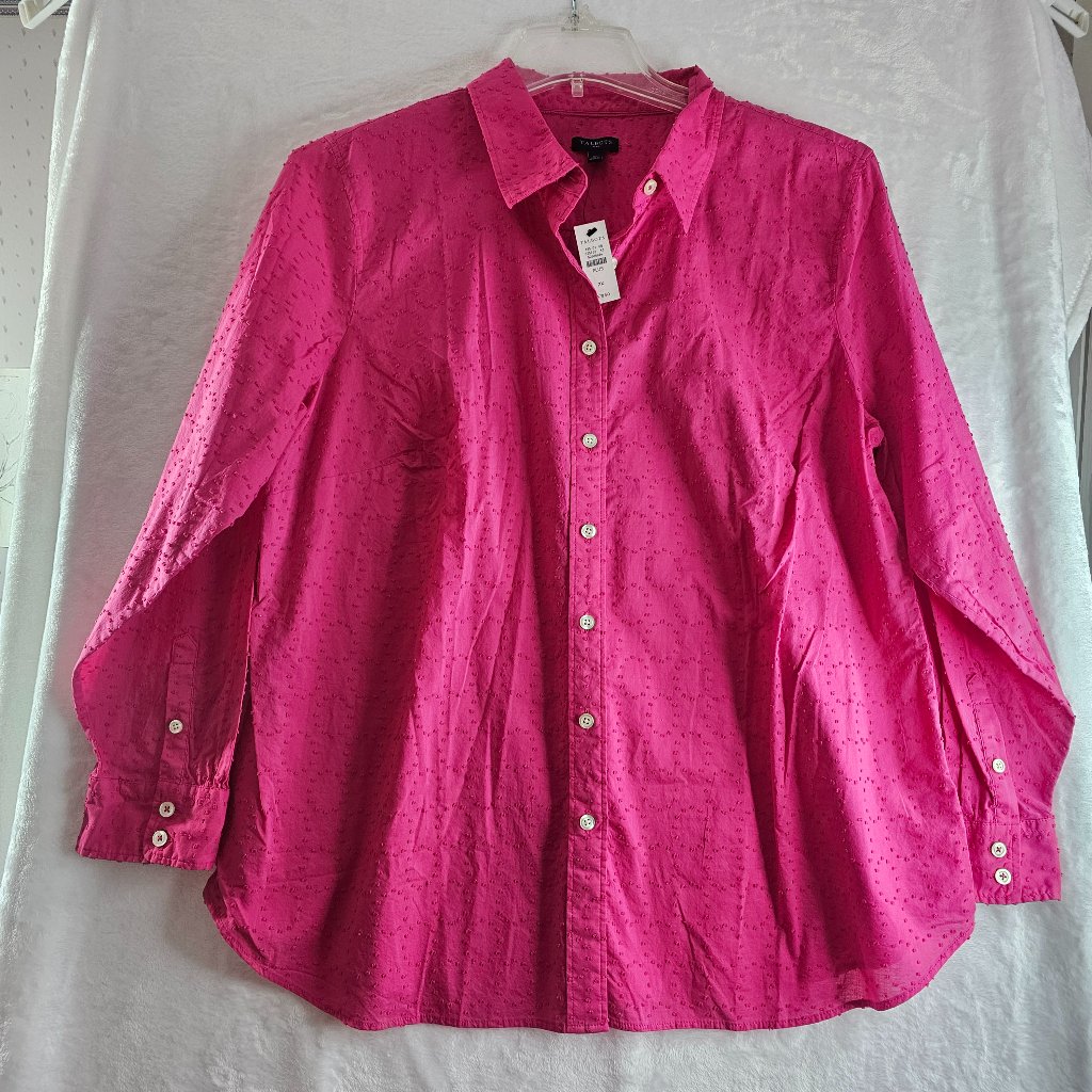 Talbots Classic Cotton Women Shirt Button Up Pink Long Sleeve Dotted Textured 2x